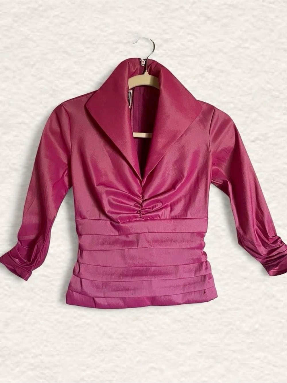 VTG 1980s Tadashi Pink Shimmer Taffeta Ruched Blouse UK 4
